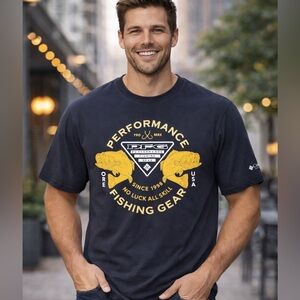 Columbia PFG Mens Short Sleeve T Shirt Navy Blue Yellow Size Medium M